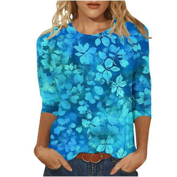 YUGYXL Women's 3/4 Length Sleeve Shirts Casual Crew Neck Comfy Blouses Vintage Flower Graphic Tees Dressy Soft Tunics Tops Holiday Clothes
