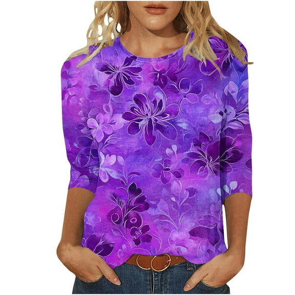 YUGYXL Women's 3/4 Length Sleeve Shirts Casual Crew Neck Comfy Blouses Vintage Flower Graphic Tees Dressy Soft Tunics Tops Holiday Clothes
