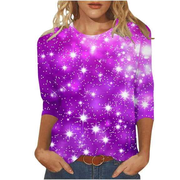 YUGYXL Women's 3/4 Length Sleeve Tshirts Plus Size Tops Trendy Sparkly Print Shirts Crew Neck Comfy Clothes Dressy Tunics Fit Blouse Going Out Tees