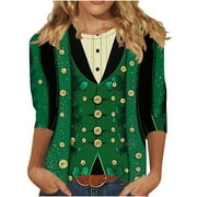 YUGYXL Deals Women's 3/4 Sleeve Shirts 2025 St.Patrick's Day Tshirts Green Shamrock Graphic Tees Lounge Crew Neck Tunics Comfy Tops Clearance Sales