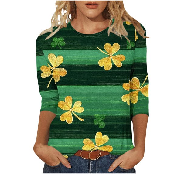 YUGYXL Women's 3/4 Sleeve Shirts Trendy St.Patrick's Day Clover Print Clothes Crew Neck Tunics Tees Holiday Tops Sales