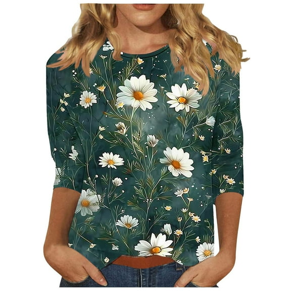 YUGYXL Women's 3/4 Sleeve Tshirts Fashion Flower Print Shirts Casual Crew Neck Lightweight Comfy Blouse Dressy Tunics Fit Tops Vacation Tees