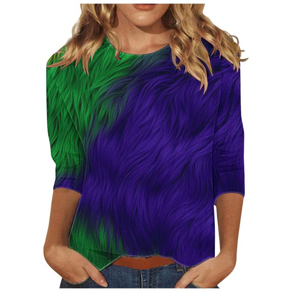 YUGYXL Women's Casual 3/4 Sleeve Clothes Mardi Gras Colorful Graphic Tshirts Lounge Crew Neck Lightweight Cozy Blouse Summer Tunic Fit Tees Theme Party Tops Sales