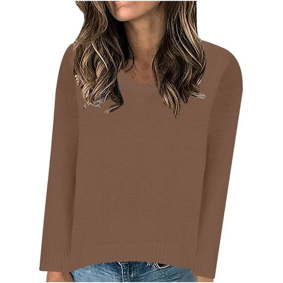 YUGYXL Women's Casual Cropped Knit Sweaters 2025 Fashion Long Sleeve Tunic Soft Sweater V Neck Comfy Clothes Fall Winter Solid Color Soft Fit Pullovers
