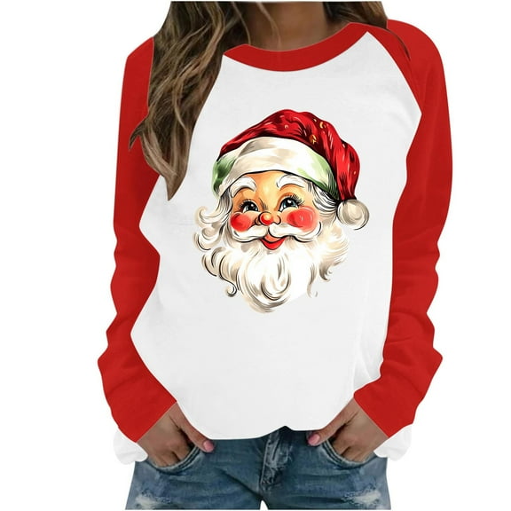 YUGYXL Women's Christmas Sweatshirt Fashion Print Pullover Long Sleeve Casual Holiday Tops Winter Raglan Graphic Sweater E Red M