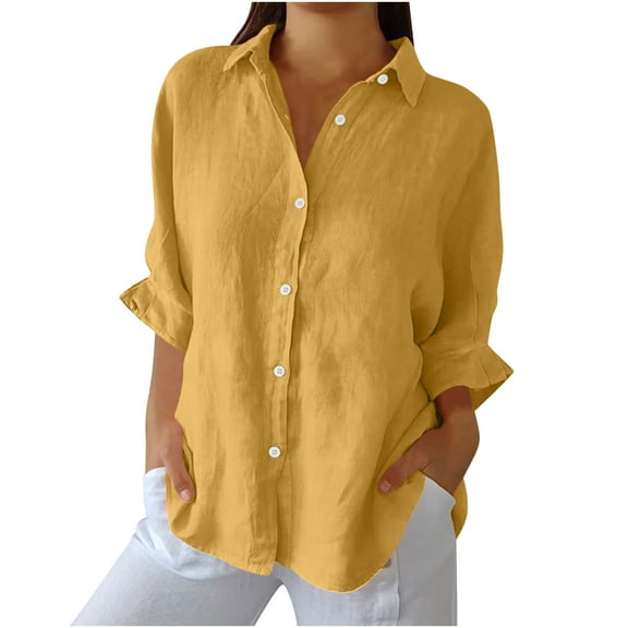 YUGYXL Women's Cotton and Linen Tie Back Design Shirt 3/4 Sleeve Button Down Loose Clothes Fashion Turndown Collar Solid Color Business Tshirts Workwear