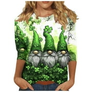 YUGYXL Deals Women's Fashion 3/4 Sleeve Tshirts 2025 St.Patrick's Day Cute Gnomes Print Shirts Casual Crew Neck Clothes Ladies Tunics Tees Irish Festival Tops
