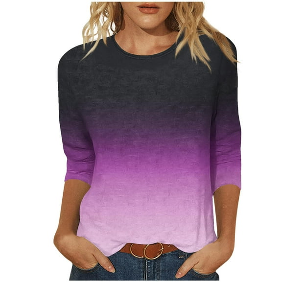 YUGYXL Women's Gradient Color Clothes Lounge 3/4 Sleeve Shirts Plus Size Tops Fashion Crew Neck Comfy Tshirts Dressy Tunics Fit Blouse