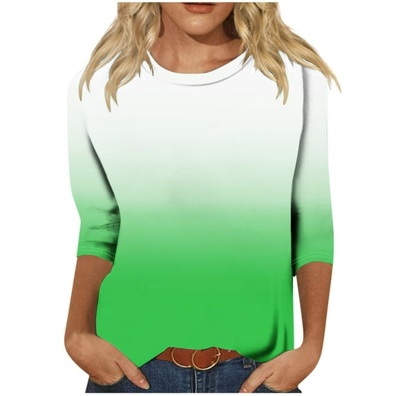 YUGYXL Deals Women's Gradient Color Tshirts 3/4 Length Sleeve Shirts Lounge Crew Neck Comfy Clothes Dressy Soft Tunics Tees Holiday Tops Clearance