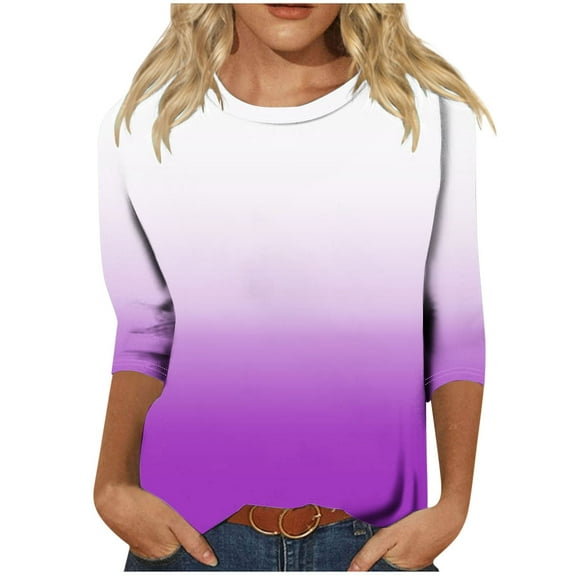 YUGYXL Women's Gradient Color Tshirts 3/4 Length Sleeve Shirts Lounge Crew Neck Comfy Clothes Dressy Soft Tunics Tees Holiday Tops