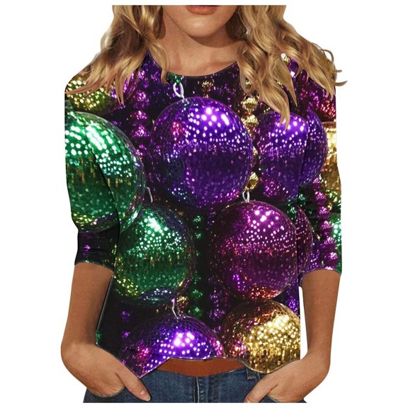 YUGYXL Women's Mardi Gras 3/4 Sleeve Shirts Novelty Party Mask Graphic Loose Lightweight Tshirts Fashion Crew Neck Comfy Blouse Party Tunic Tees Sales
