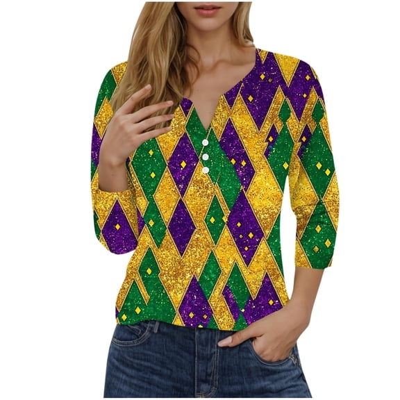 YUGYXL Women's Mardi Gras 3/4 Sleeve Tshirts Casual Plus Size Mask Graphic Soft Loose Clothes Summer Crew Neck Lightweight Blouse Ladies Tunic Fit Tees Sales