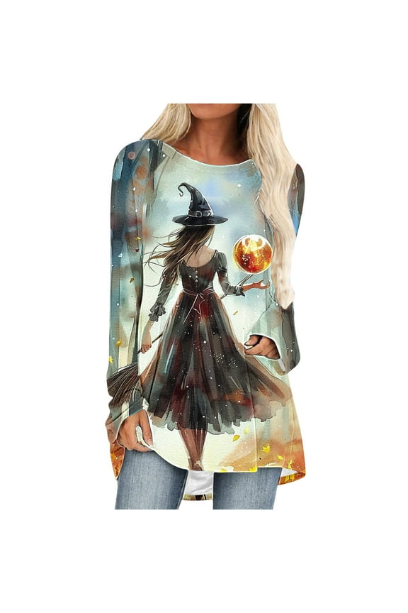 Women's Midsummer Witches T-Shirt Halloween Witch Party Shirts Long Tunics Tops to Wear with Leggings Black L