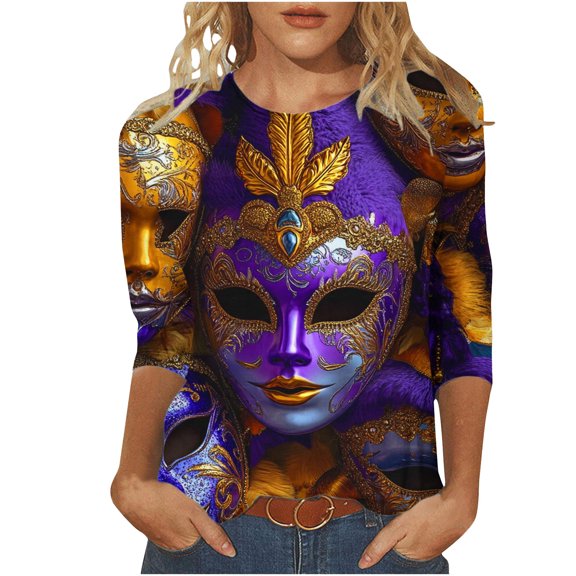 YUGYXL Women's Plus Size 3/4 Sleeve Tshirts Summer Mardi Gras Lightweight Loose Clothes Fashion Mask Printed Tees Lounge Tunic Fit Tops Carnival Party Blouse Sales