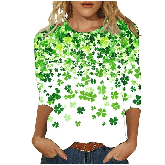 YUGYXL Women's St.Patrick's Day Shirts Summer Crew Neck 3/4 Sleeve Tshirts Plus Size Tops Irish Clover Print Tunics Tees Holiday Shirt Multicolor XL