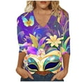 thumbnail image 1 of YUGYXL Women's Summer Mardi Gras 3/4 Sleeve Tshirts Fashion Plus Size Fancy Mask Printed Soft Loose Clothes Ladies V Neck Tunic Tees Carnival Theme Party Funny Tops, 1 of 4