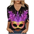 thumbnail image 1 of YUGYXL Women's Summer Mardi Gras 3/4 Sleeve Tshirts Fashion Plus Size Fancy Mask Printed Soft Loose Clothes Ladies V Neck Tunic Tees Carnival Theme Party Funny Tops, 1 of 4