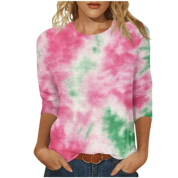 YUGYXL Women's Tie Dye Tshirts Casual 3/4 Length Sleeve Shirts Plus Size Tops Crew Neck Soft Lightweight Tees Ladies Tunics Comfy Clothes