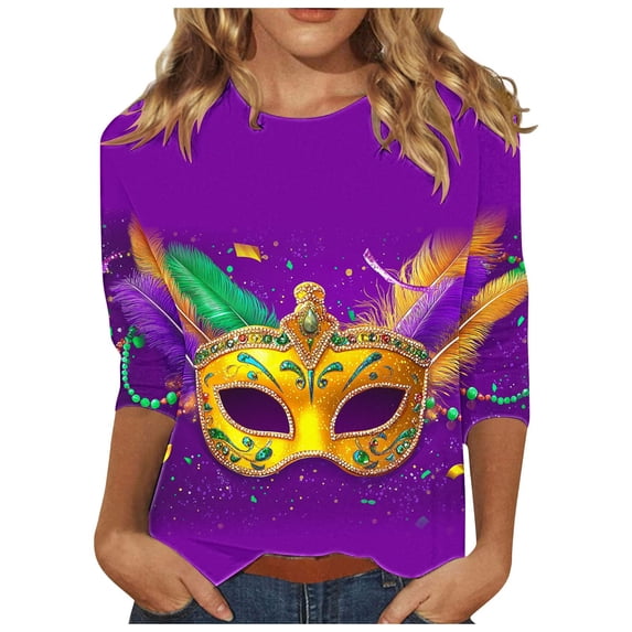 YUGYXL Women's Trendy Mardi Gras 3/4 Length Sleeve Shirts Novelty Mask Printed Comfy Tshirts Ladies Crew Neck Soft Tunic Tees Carnival Party Blouse Sales