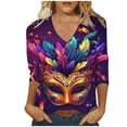 thumbnail image 1 of YUGYXL Women's Trendy Mardi Gras 3/4 Sleeve Shirts Plus Size Party Mask Printed Loose Comfy Tshirts Summer V Neck Lightweight Tees Ladies Tunic Tops Sales, 1 of 4