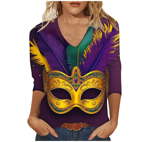 YUGYXL Women's Trendy Mardi Gras 3/4 Sleeve Shirts Plus Size Party Mask Printed Loose Comfy Tshirts Summer V Neck Lightweight Tees Ladies Tunic Tops Sales