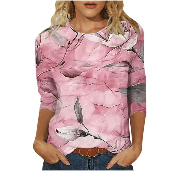 YUGYXL Womens 3/4 Length Sleeve Tshirts Dressy Graphic Tees Casual Crew Neck Shirts Dressy Tunics Comfy Tops Going Out Clothes Sales