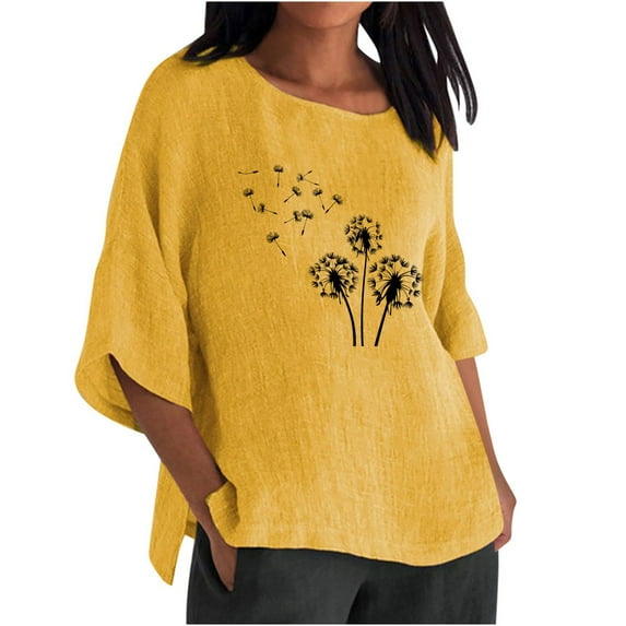 YUGYXL Womens 3/4 Sleeve Shirt Lounge Flower Printed Baggy Tshirts Trendy Crew Neck Lightweight Clothes Teen Girl Side Split Cute Tees Loose Comfy Fit Tops