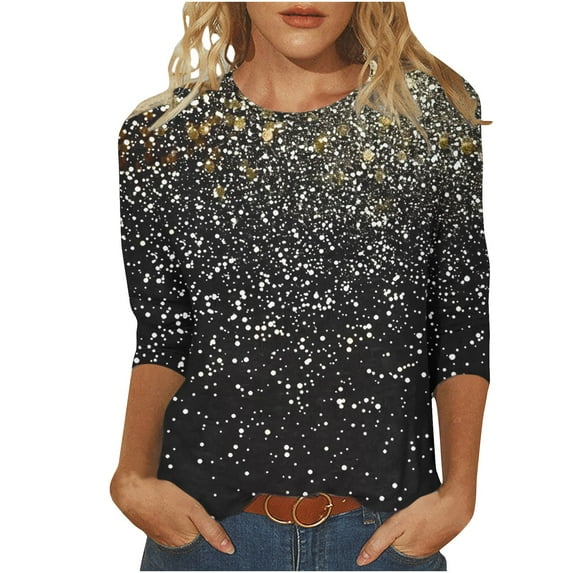 YUGYXL Deals Womens 3/4 Sleeve Tees Plus Size Tops Fashion Sparkly Print Blouse Elegant Crew Neck Loose Cozy Tshirts Ladies Tunics Fit Shirts Clearance