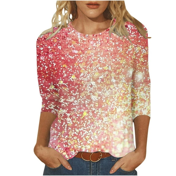 YUGYXL Womens 3/4 Sleeve Tees Plus Size Tops Fashion Sparkly Print Blouse Elegant Crew Neck Loose Cozy Tshirts Ladies Tunics Fit Shirts