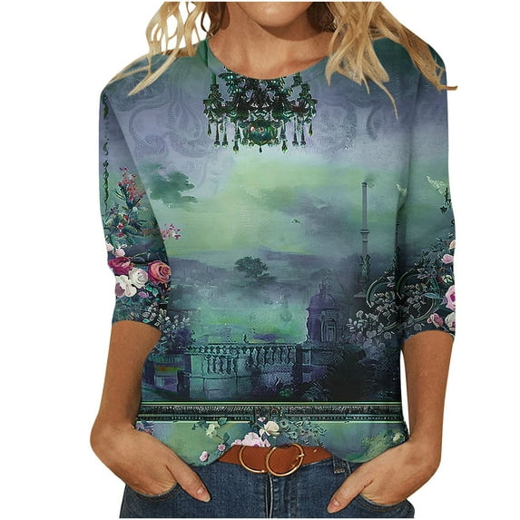 YUGYXL Womens 3/4 Sleeve Tshirts Summer Crew Neck Lightweight Comfy Shirts Vintage Flower Print Loose Clothes Ladies Tunic Cozy Clothes Going Out Fit Tees