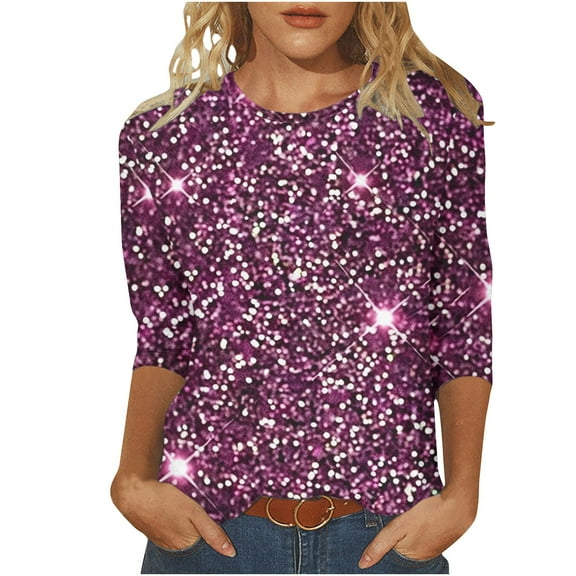 YUGYXL Womens Casual 3/4 Sleeve Shirts Plus Size Print Tops Elegant Crew Neck Comfy Blouse Ladies Soft Tunics Tees Going Out Clothes