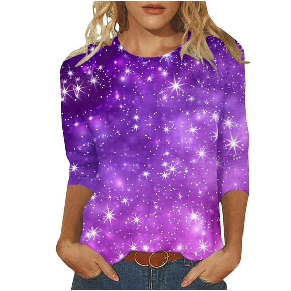 YUGYXL Womens Casual 3/4 Sleeve Shirts Plus Size Print Tops Elegant Crew Neck Comfy Blouse Ladies Soft Tunics Tees Going Out Clothes