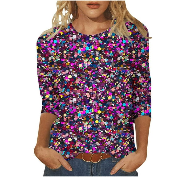 YUGYXL Womens Casual 3/4 Sleeve Tshirts Trendy Sparkly Sequin Print Blouse Crew Neck Comfy Shirts Dressy Tunics Fit Tops Vacation Tees