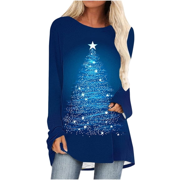 YUGYXL Womens Fall Fashion Long Sleeve Christmas Pullover Tunic Tops Crewneck Sweatshirt Xmas Printed Holiday Oversized Long Shirts Blue XXL