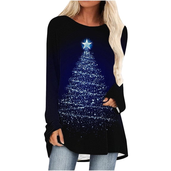 YUGYXL Womens Fall Fashion Long Sleeve Christmas Pullover Tunic Tops Crewneck Sweatshirt Xmas Printed Holiday Oversized Long Shirts Dark Blue M