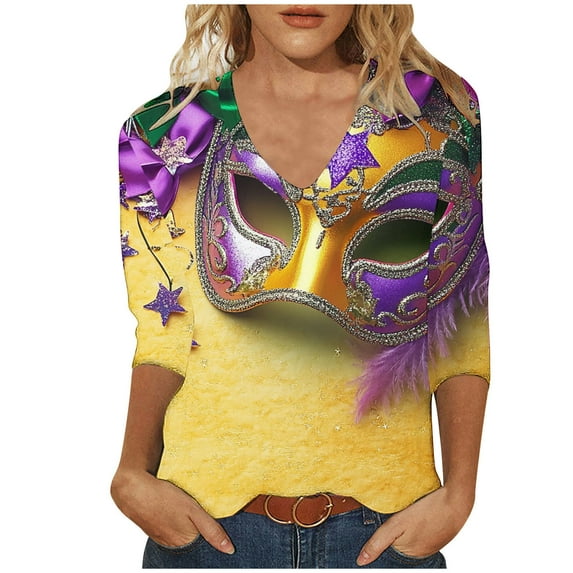 YUGYXL Womens Fashion Plus Size 3/4 Sleeve Shirts Tshirts Casual Mardi Gras Colorful Mask Graphic Loose Shirts Summer V Neck Comfy Tunic Tees Celebration Tops Sales