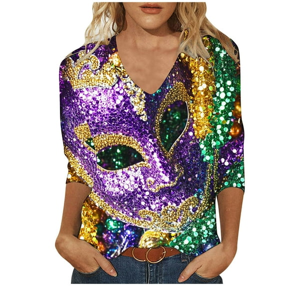 YUGYXL Deals Womens Fashion Plus Size 3/4 Sleeve Shirts Tshirts Casual Mardi Gras Colorful Mask Graphic Loose Shirts Summer V Neck Comfy Tunic Tees Celebration Tops Clearance Sales