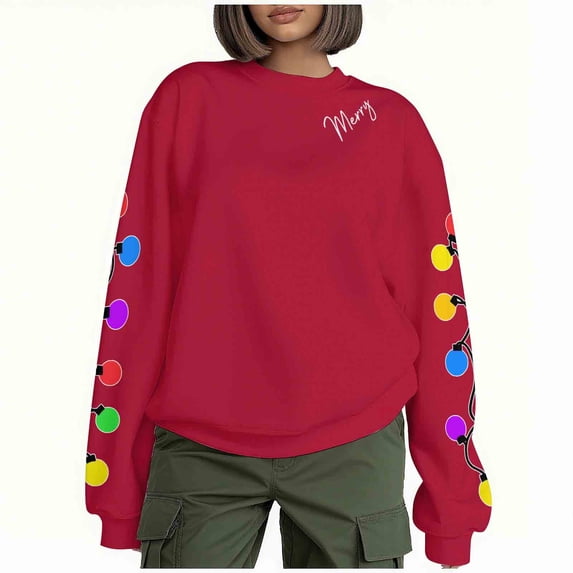 YUGYXL Womens Fleece Warm Sweatshirts Merry Christmas Printed Sweat Shirt Xmas Long Sleeve Shirts Crewneck Pullover Tops Red XL