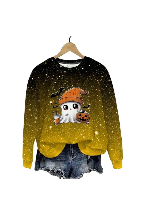 Womens Gradient Halloween Sweatshirts Fall Long Sleeve Ghost Graphic Pullovers Festival Party Tops Gold S