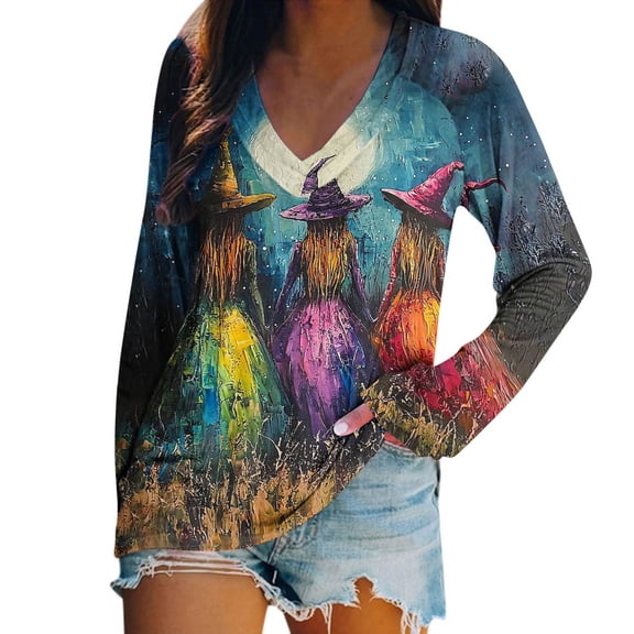 YUGYXL Womens Halloween Long Sleeve V Neck Shirts Witch Graphic Tees Raglan Sleeve Tops Halloween Fall Tunic Tops Army Green XXXXL