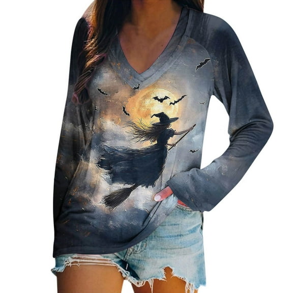 YUGYXL Womens Halloween Long Sleeve V Neck Shirts Witch Graphic Tees Raglan Sleeve Tops Halloween Fall Tunic Tops Sky Blue XL