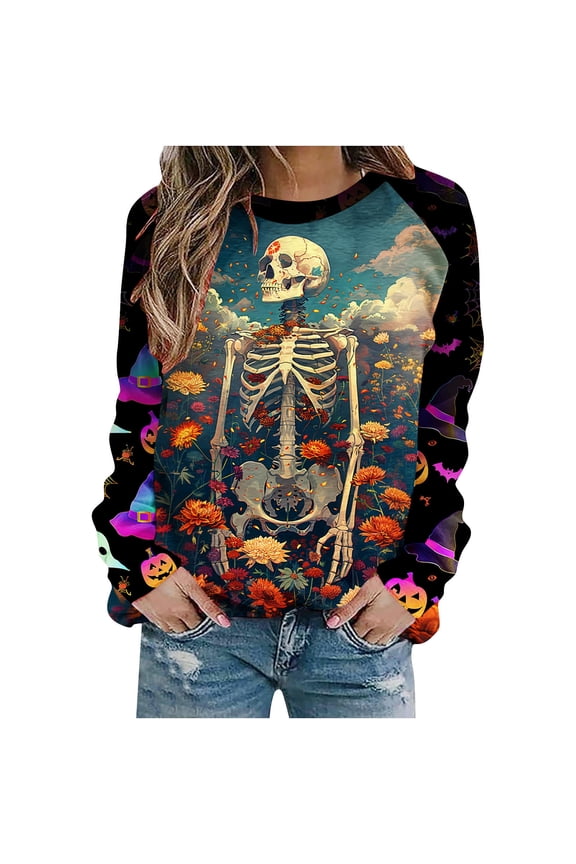 Womens Halloween Sweatshirt Skull Graphic Print Sweatshirts Vintage Long Sleeve Crewneck Funny Pullover Clothes B Black M