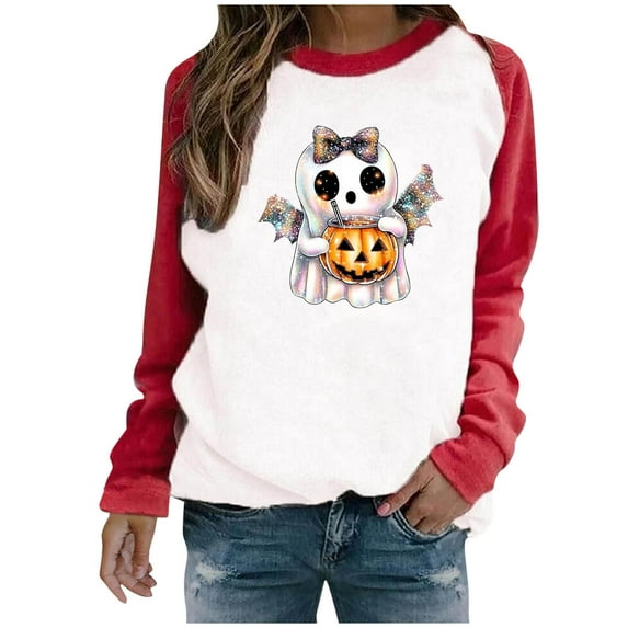 YUGYXL Womens Halloween Sweatshirts Ghost Printed Long Sleeve Spooky Season Sweatshirt Pumpkin Graphic Pullover Fall Tops Red XXXL