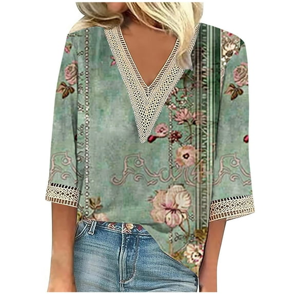 YUGYXL Deals Womens Lace Three Quarter Sleeve Tshirts Vintage Plus Size Loose Printed Shirts Lounge V Neck Soft Tunic Clothes Going Out Comfy Pullover Tops