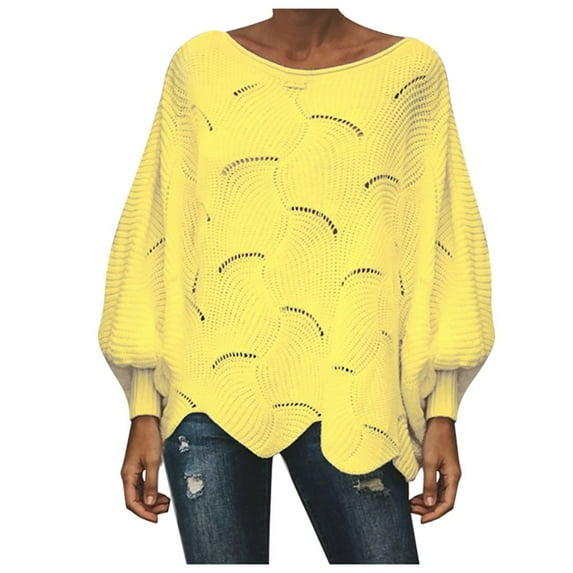 YUGYXL Deals Womens Long Batwing Sleeve Cable Knit Sweaters 2024 Fashion Crochet Hollow Out Sweater Casual Solid Color Crew Neck Clothes Teen Girl Tunic Soft Tops