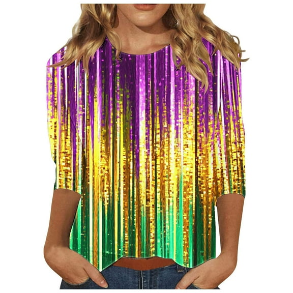 YUGYXL Womens Maedi Gras 3/4 Length Sleeve Shirts Trendy Tie Dye Loose Lightweight Blouse Summer Crew Neck Soft Tunic Tees Celebration Tops Sales