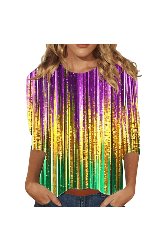 Womens Maedi Gras 3/4 Length Sleeve Shirts Trendy Tie Dye Loose Lightweight Blouse Summer Crew Neck Soft Tunic Tees Celebration Tops Sales