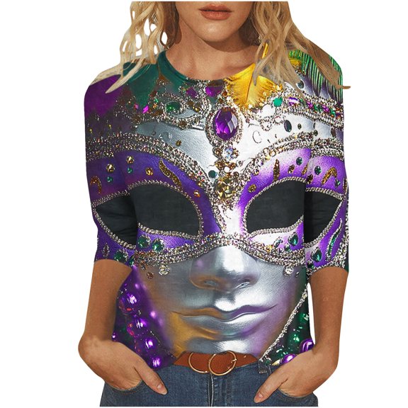 YUGYXL Womens Mardi Gras 3/4 Sleeve Tshirts Casual Plus Size Mask Printed Clothes Novelty Crew Neck Soft Lightweight Shirts Ladies Tunic Fit Blouse Celebration Tops