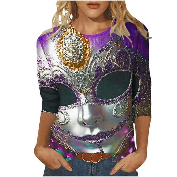 YUGYXL Womens Mardi Gras 3/4 Sleeve Tshirts Casual Plus Size Mask Printed Clothes Novelty Crew Neck Soft Lightweight Shirts Ladies Tunic Fit Blouse Celebration Tops