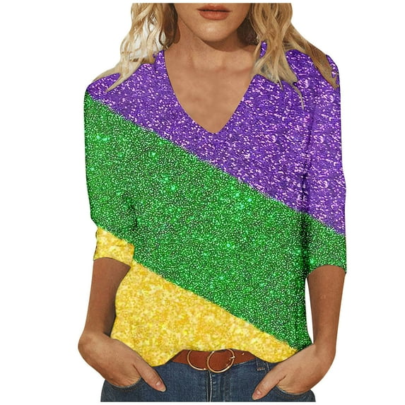YUGYXL Deals Womens Plus Size 3/4 Sleeve Shirts Trendy Mardi Gras Colorful Mask Printed Comfy Tshirts Summer Crew Neck Lightweight Loose Clothes Ladies Tunic Fit Tees Party Tops
